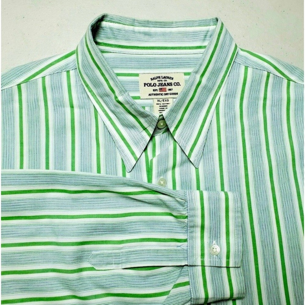 VTG Polo Jeans Ralph Lauren Men‎ XL/EXG Green Striped Cotton L/S Casual Shirt